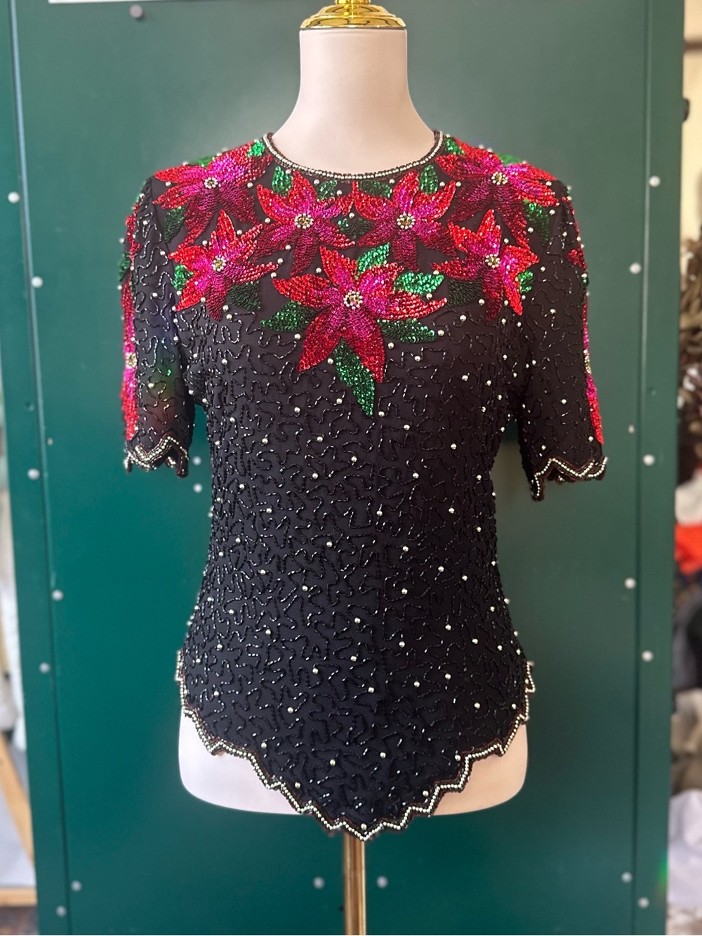 Vintage Laurence Kazar Black Beaded Top Floral Embellishment